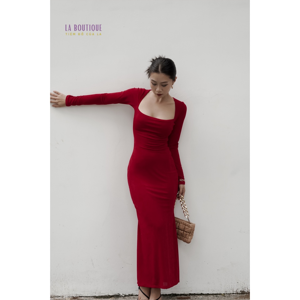 Đầm đuôi cá dáng dài La Boutique tay dài cổ vuông ôm body ánh nhũ thanh lịch sang trọng dự tiệc
