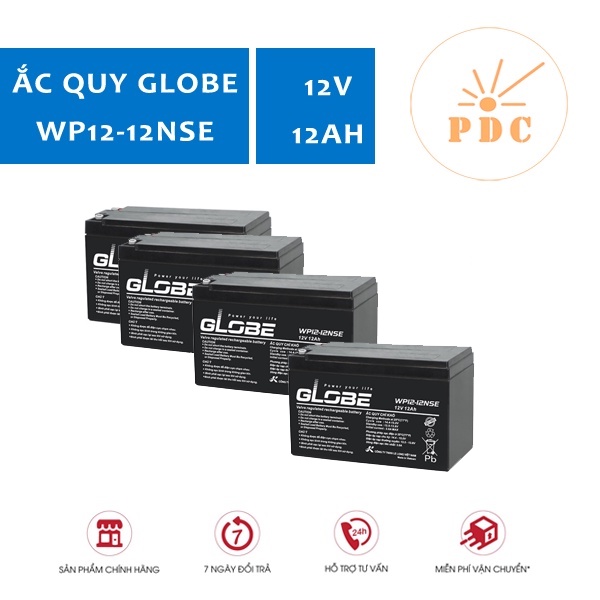 BỘ 4 BÌNH ẮC QUY XE ĐẠP ĐIỆN GLOBE 12V 12AH (PDC-TECH) - CHÍNH HÃNG