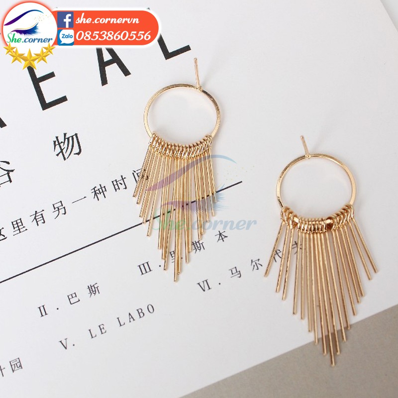 Hoa tai bông tai E816 khuyên tròn tua dua ánh kim thời trang Hàn Quốc
