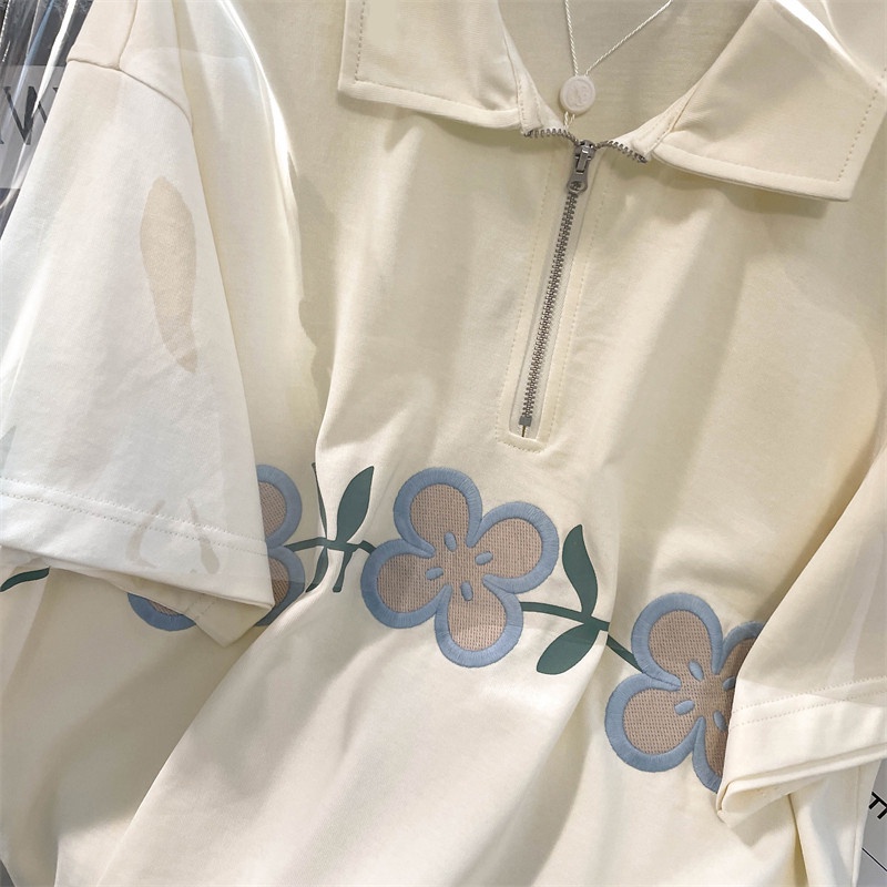Áo Thun Tay Ngắn Có Khóa Kéo Dáng Rộng Thêu Họa Tiết Phong Cách Cổ Điển Thời Trang Cho Nữ