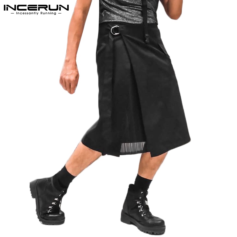 Chân váy INCERUN dài tới gối lưng cao phối dây thắt thời trang màu đen cho nam