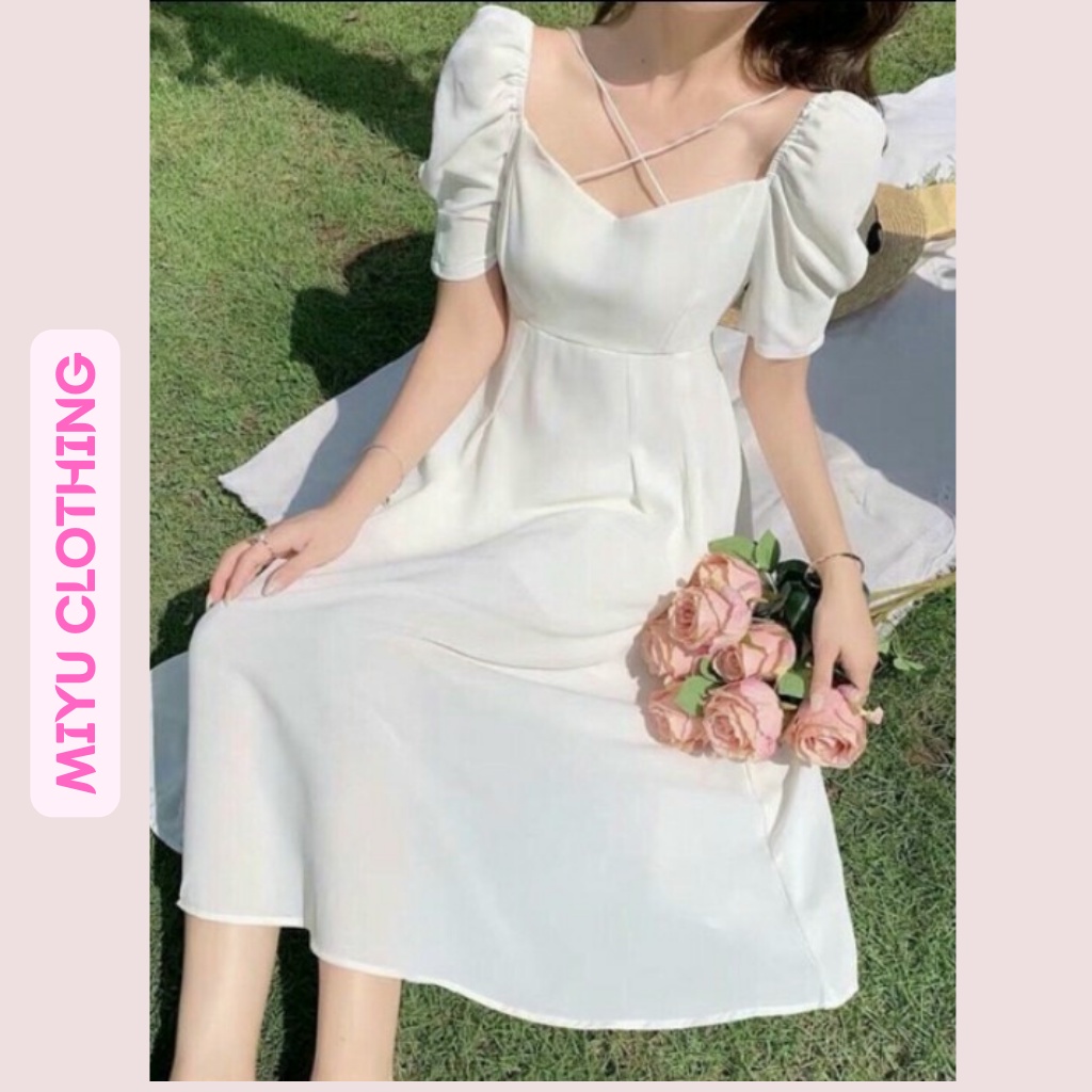 Áo đầm đẹp tay bồng dây váy trắng váy nữ xòe chéo ngực quyến rũ  xinh xắn chất liệu cotton MIYUCLOTHING
