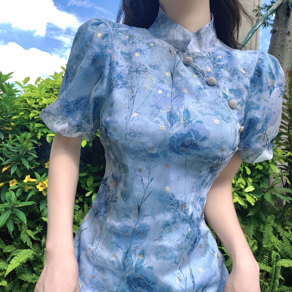 Sườn xám cách tân nữ hán phục đầm sườn xám truyền thống xanh hoa dáng đuôi cá ngắn mùa hè từ 45--65 kg