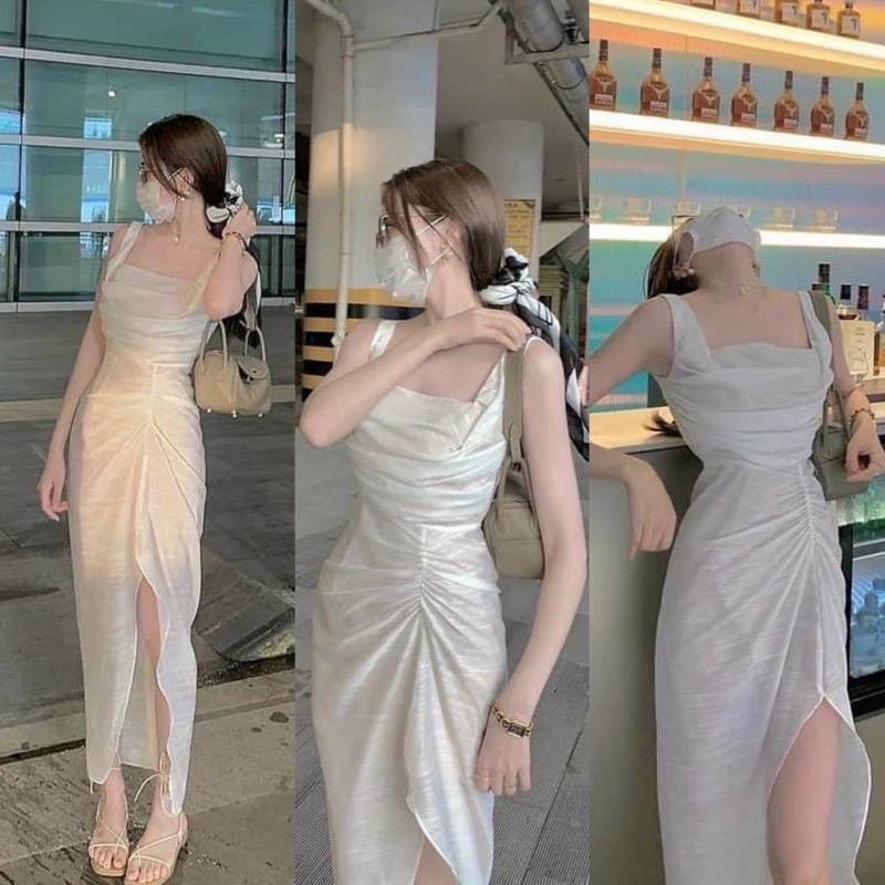 Đầm voan 2 dây nhún ngực xẻ đùi, đầm váy ôm body dài màu trắng sang trọng quý phái thời trang đi chơi dạo phố dự tiệc