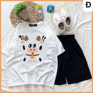 Set Bộ Nữ, Set Áo Thun In Hình Bò Sữa Form Rộng Dáng Unisex Mix Quần Đen Chất Thun Cao Cấp Phong Cách Ulzzang Cực Ngầu S