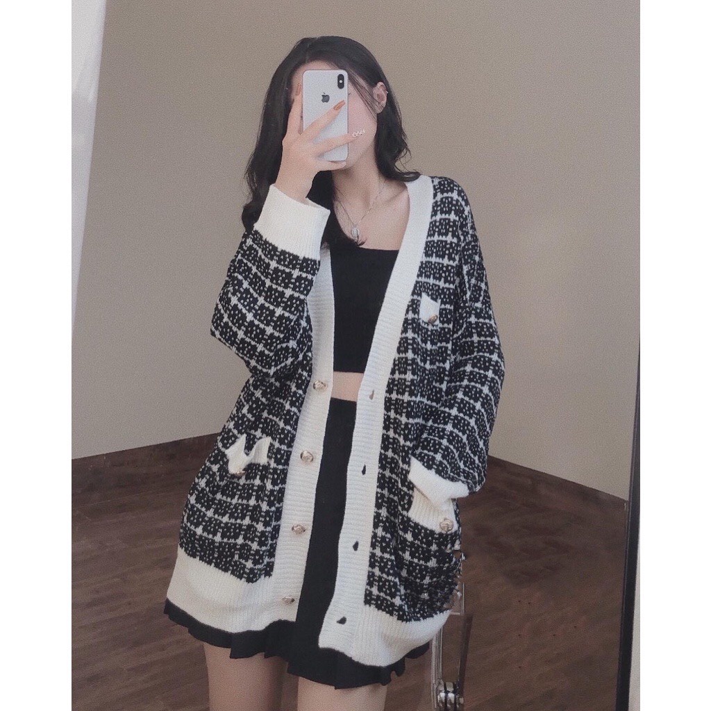 Áo cardigan viền đen trắng nhũ sang chảnh Junnie Closet Áo choàng len kẻ ô cúc vàng gạo zizac Hàn Quốc