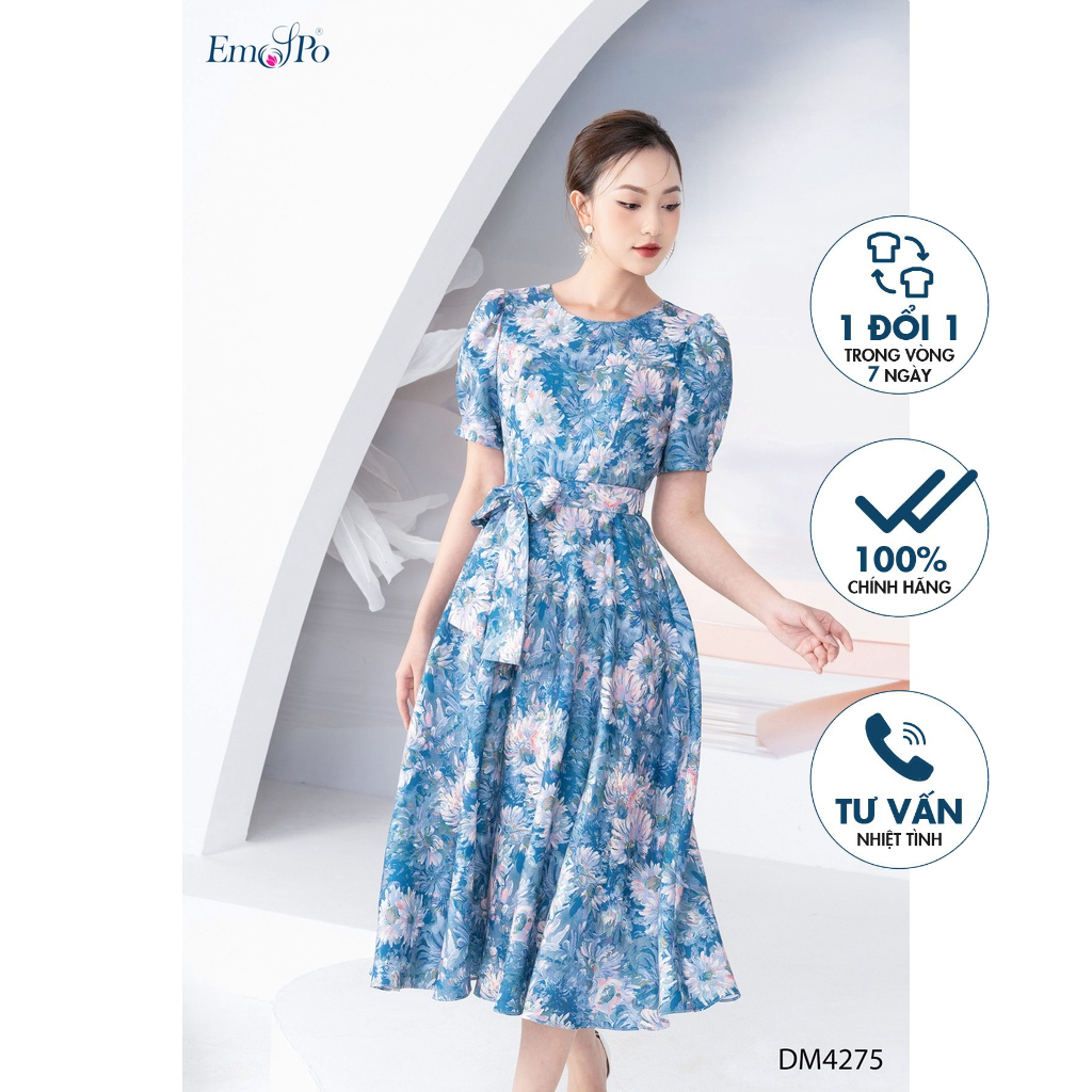 Đầm xòe cổ tròn tay bồng đai rời Emspo DM4275