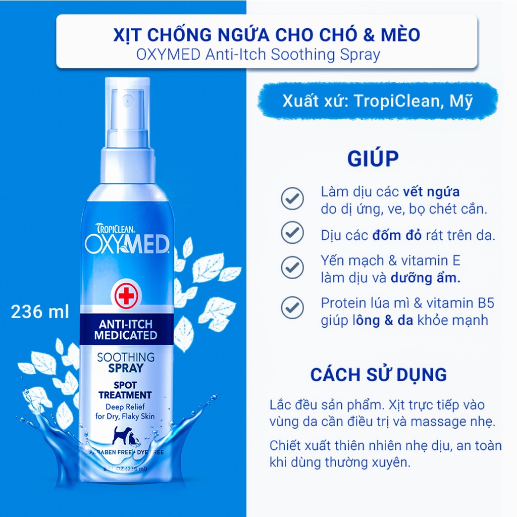 Xịt giảm ngứa cho chó mèo Oxymed 236ml, vệ sinh tắm chăm sóc lông cho thú cưng Con Mèo Xiêm