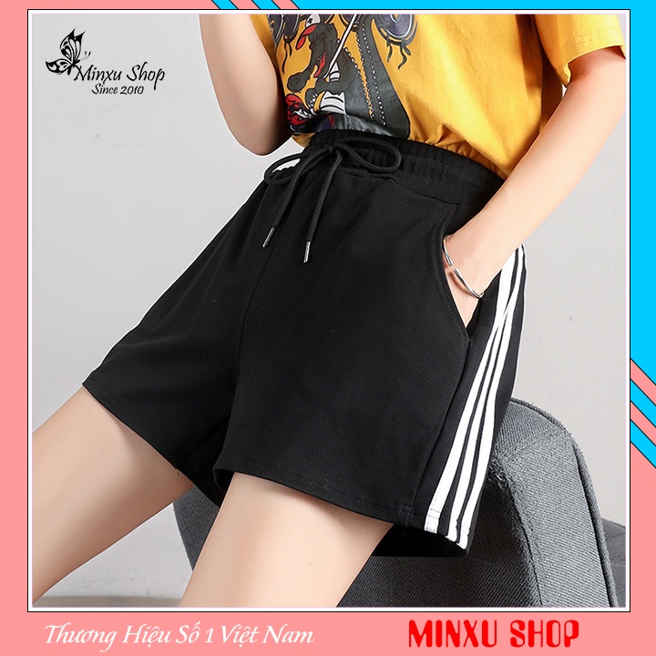 Quần đùi nữ 3 sọc chất Umi Hàn cao cấp, quần short Nữ mặc nhà kẻ sọc viền TÚI 2 BÊN trẻ trung Minxu Shop QS