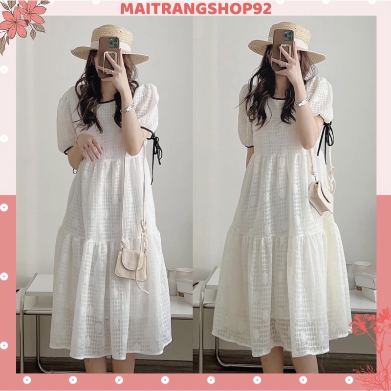 Đầm babydoll hoa nổi viền nơ đen chất voan caro mịn, Váy trắng đi chơ, đi tiệc đẹp (TTA135)