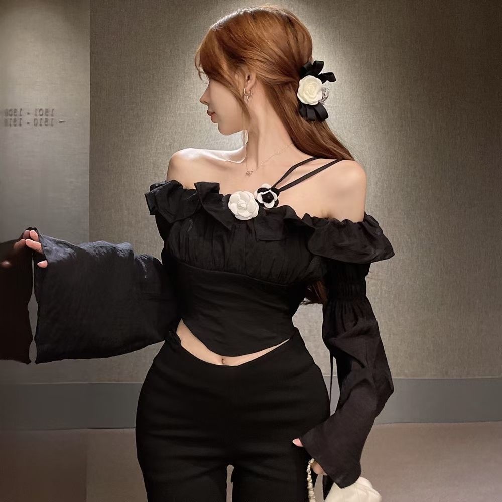Áo Kiểu Tay Loe Trễ Vai Phối Bèo Thời Trang Mùa Thu Cho Nữ
