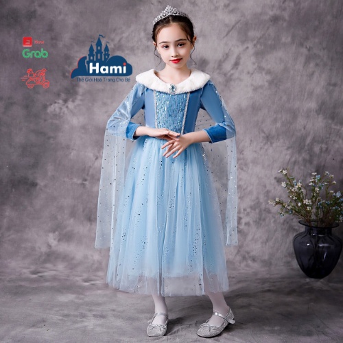 Váy elsa cao cấp cho bé gái tay dài cổ nhung trắng, ngực đính kim sa kèm tà dài liền, ảnh thật hmk35
