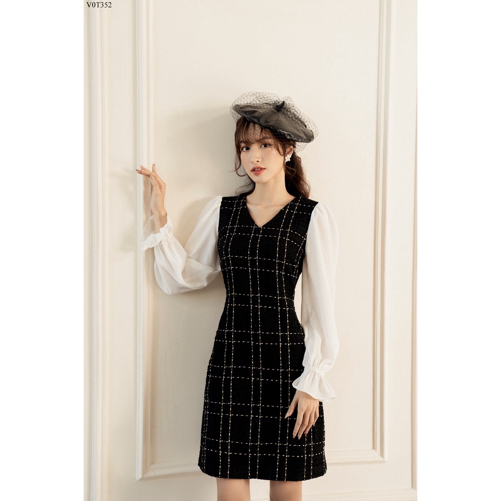 Váy dạ tweed cổ V phối tay trắng thanh lịch TIINSTORE V0T352 | BigBuy360 - bigbuy360.vn