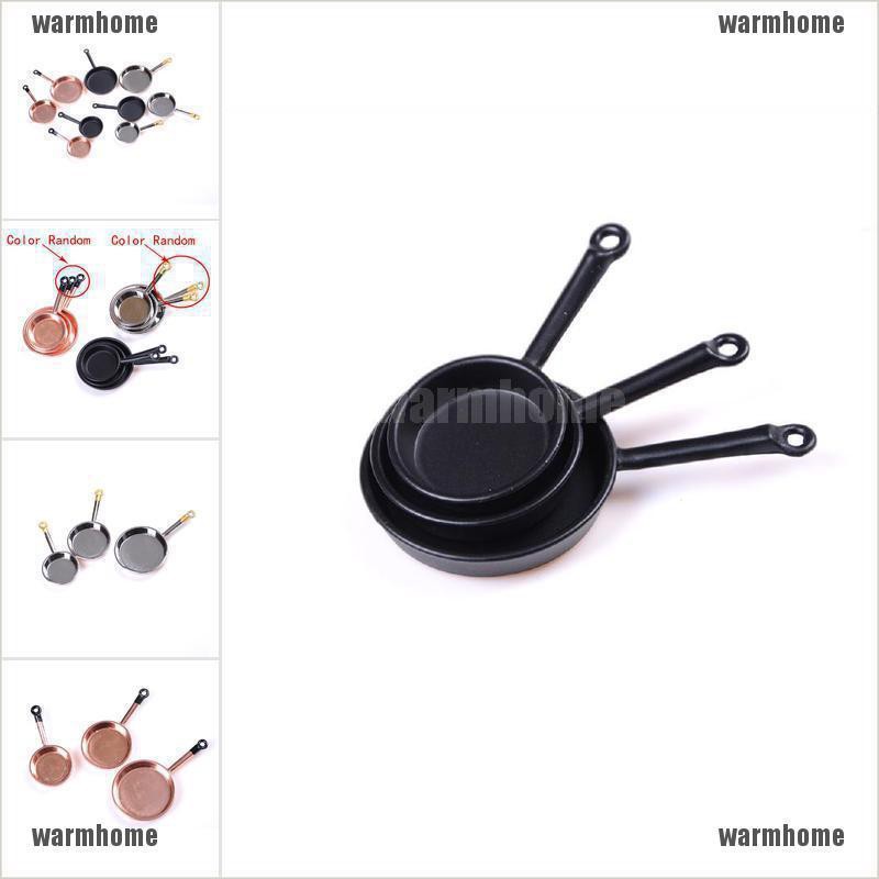 warmhome 3 Pcs Dollhouse Mini Metal Frypan Frying Pans Cooking Pot Cookware Toy thro