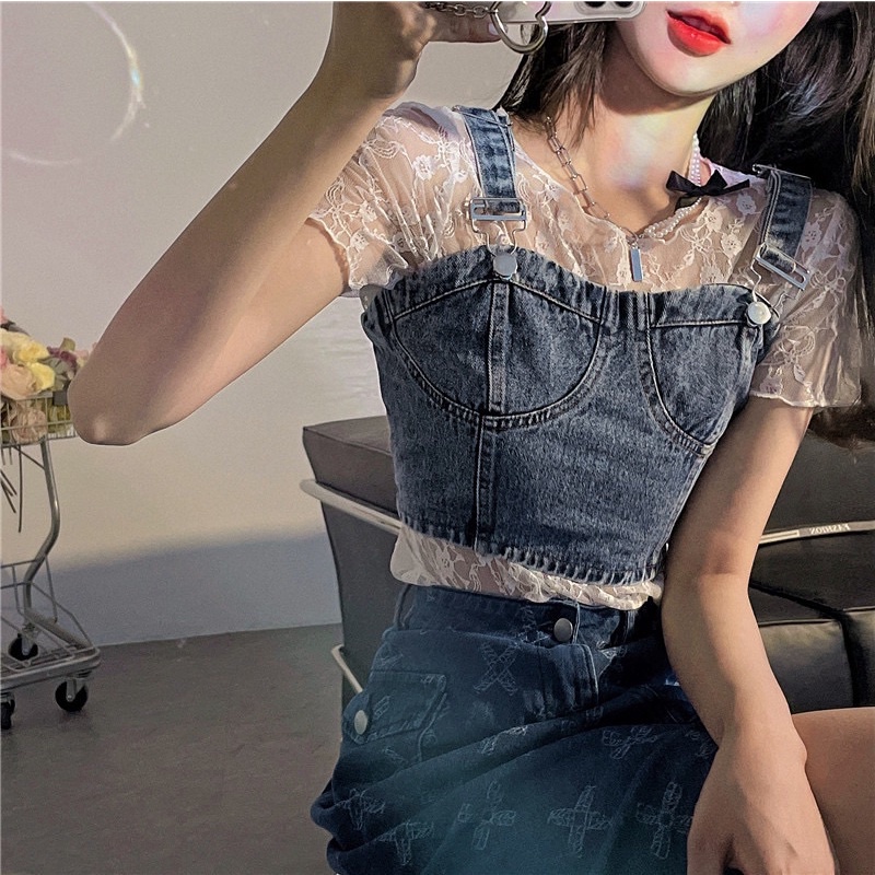 Áo denim cúp ngực 2 dây siêu ngầu dành cho các bạn gái năm 2021