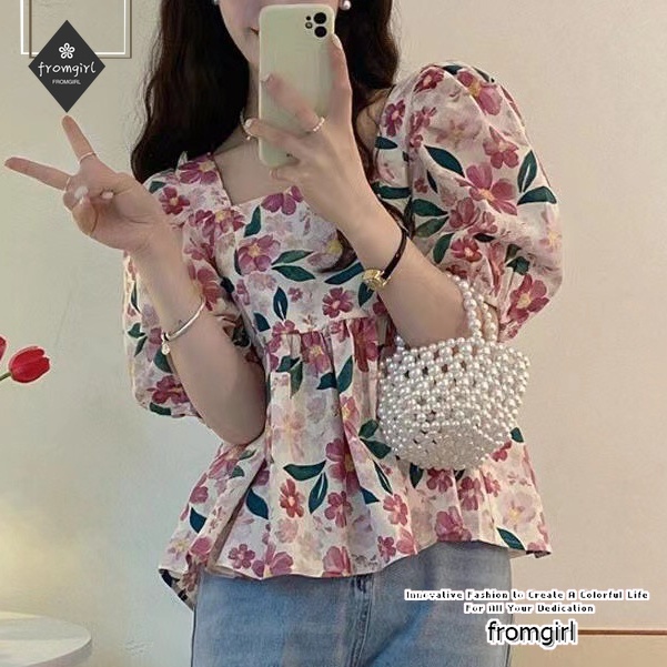 Áo Kiểu Tay Phồng Cổ Vuông In Họa Tiết Hoa Thời Trang Mùa Hè Hàng Mới Dành Cho Nữ 2022