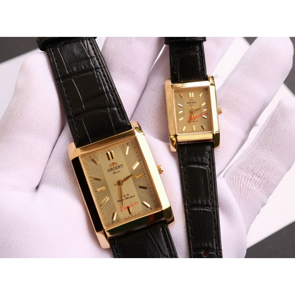 Đồng Hồ Cặp Đôi Nam Nữ Orient Dây Da Mặt Chữ Nhật , Kính sapphire