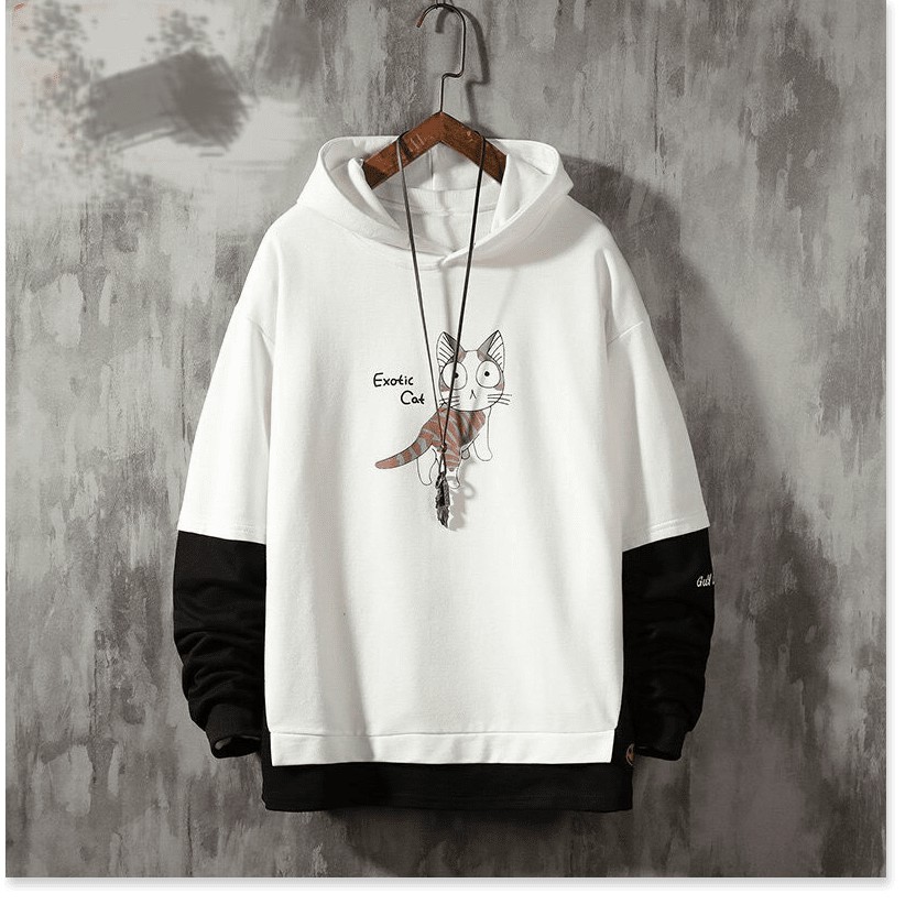ÁO HOODIE NAM NỮ PHỐI TAY HAI MÀU HỌA TIẾT MÈO NGÁO NGƠ
