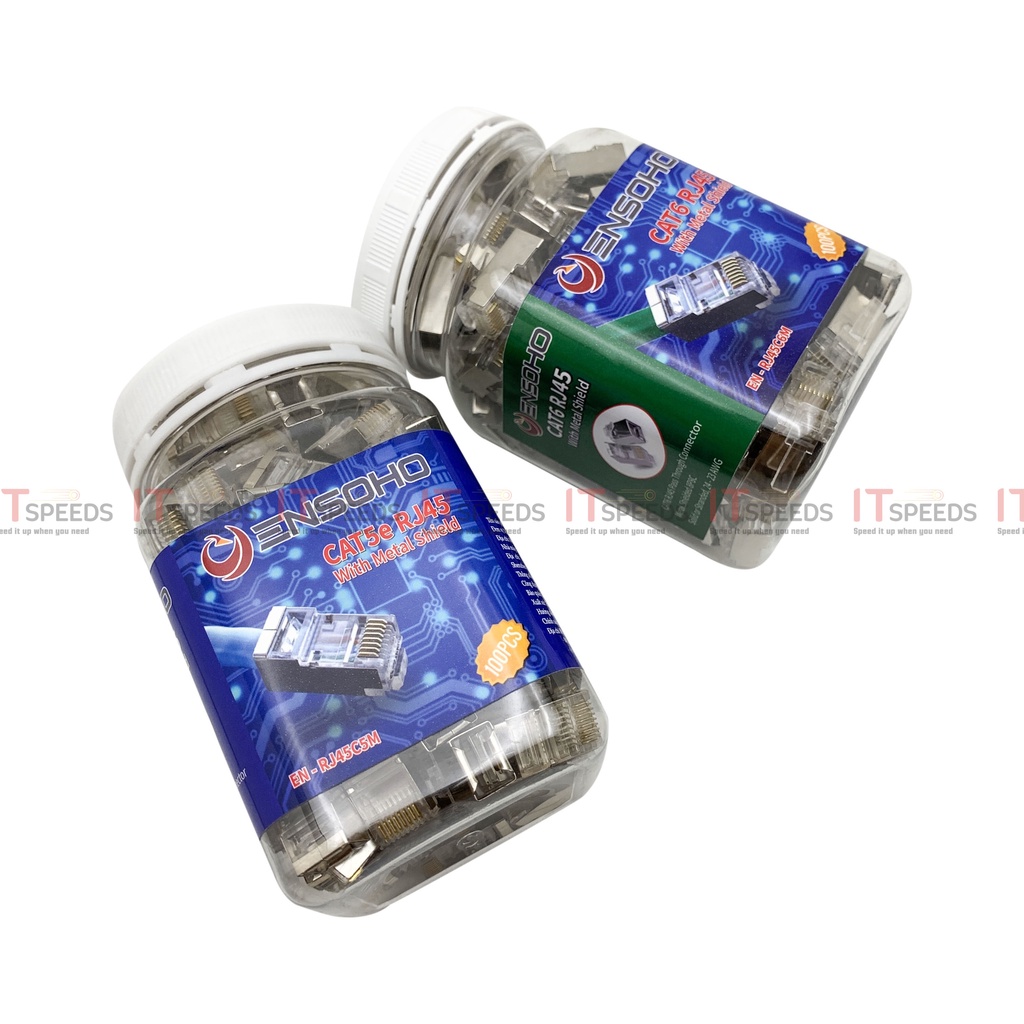 Đầu Mạng, Hạt Mạng, RJ45, Nhựa PS Trong Suốt, Bọc Kim Loại Chống Nhiễu, Dùng Bấm Cáp Mạng Cat5, Cat6, Chính Hãng Ensoho