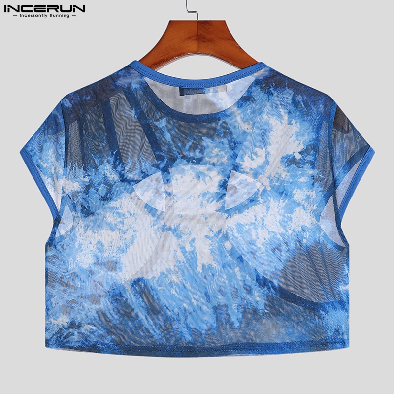 INCERUN Áo Thun Tay Ngắn Dáng Ôm Màu Xanh Xuyên Thấu Thời Trang Cho Nam