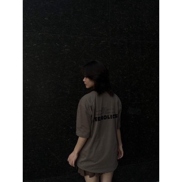 Áo Thun Unisex TeeHolic Thả Vai Xẻ Tà Màu Nâu In Logo THS Silicon Nổi