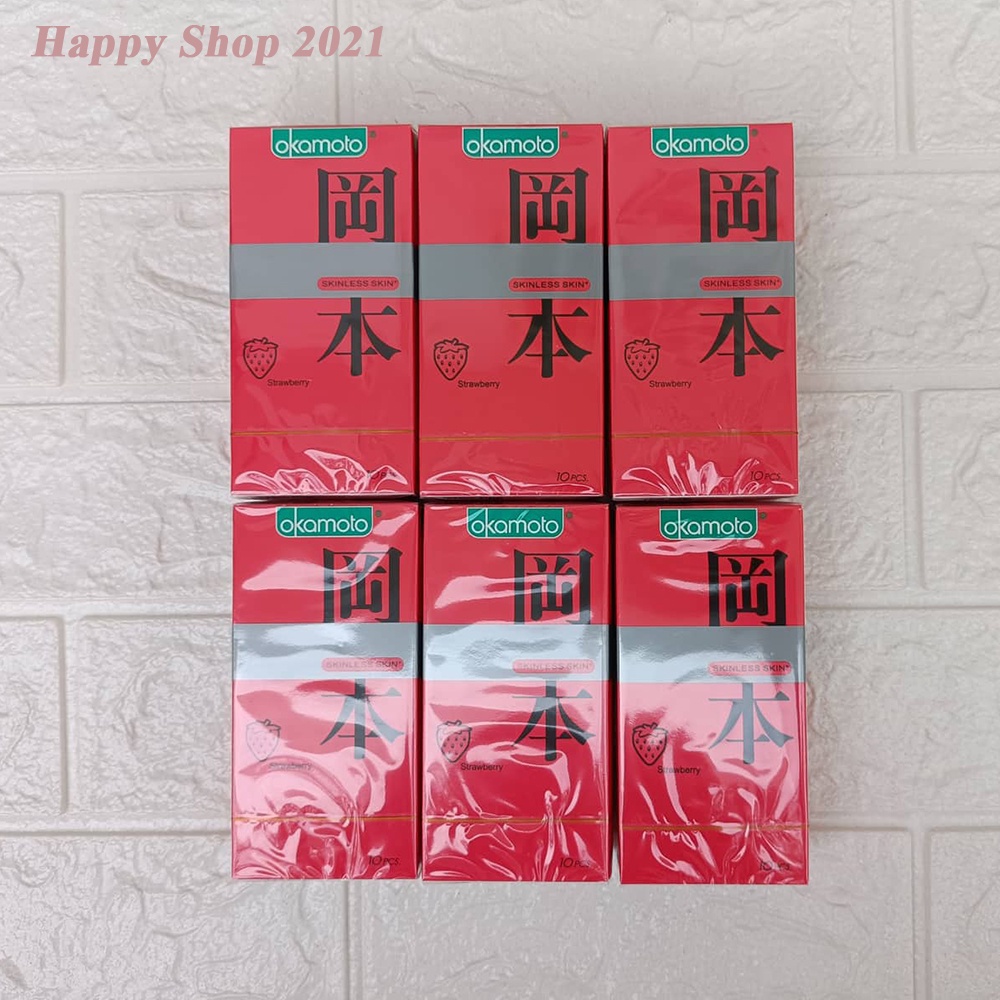 Bao cao su Okamoto Skinless Skin Strawberry hương dâu siêu mỏng hộp 10 bao