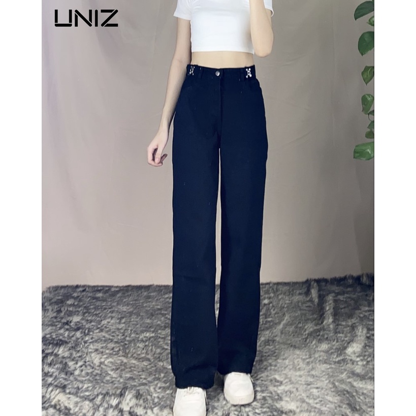 Quần Jean Suông Trơn UNIZ (Màu Đen), Unisex, Dáng Dài, Cạp Cao, Móc Cài, Ống Suông Và Rộng, Vải Jean Mềm, Không Bai