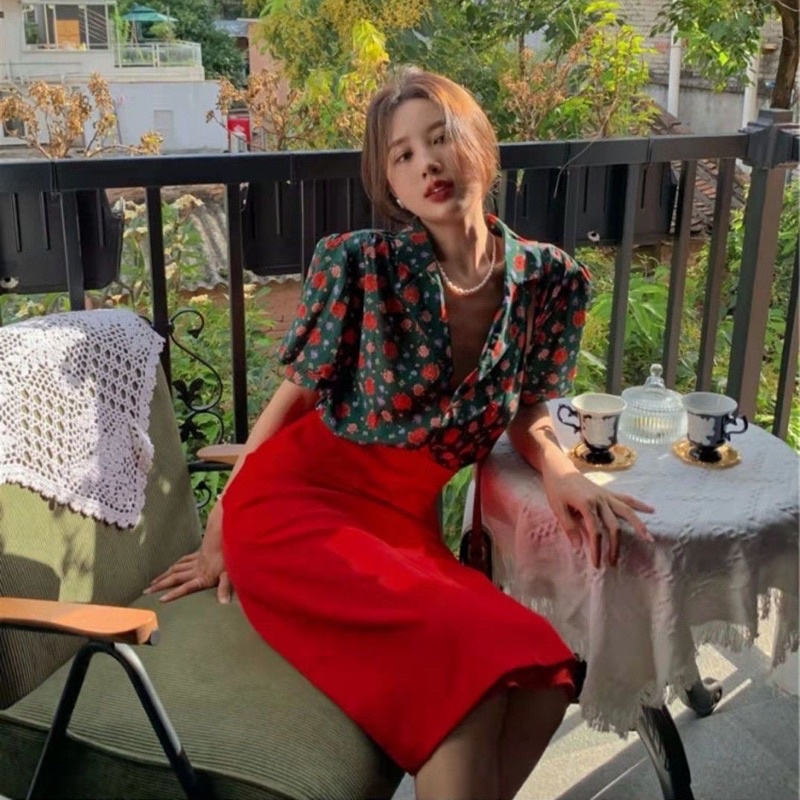 Set Bộ Áo Sơmi Hoa Tay Ngắn Và Váy Dài Bút Chì Phong Cách Retro HongKong Diamondcloset Order