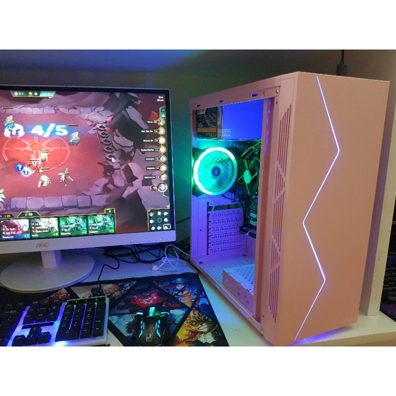 Cây Máy Tính Màu hồng Mới Like new Đẹp Có kính trong suốt và Fan Led