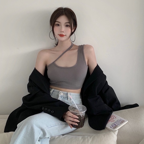 Áo kiểu croptop không tay dây một bên vai ôm dáng có đệm ngực thời trang thường ngày cơ bản cho nữ