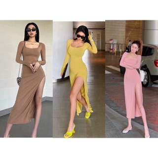 Váy nữ đầm body maxi cổ trễ dài tay xẻ vạt chéo siêu hot váy body sang chảnh Annastore