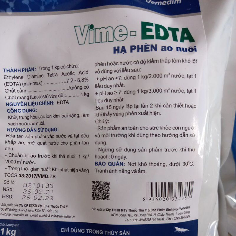 [Mã PET50K giảm Giảm 10% - Tối đa 50K đơn từ 250K] vime-edta hạ phèn ao nuôi 1kg/b( mua 1 thùng 10 bịt giá sỉ 70000)