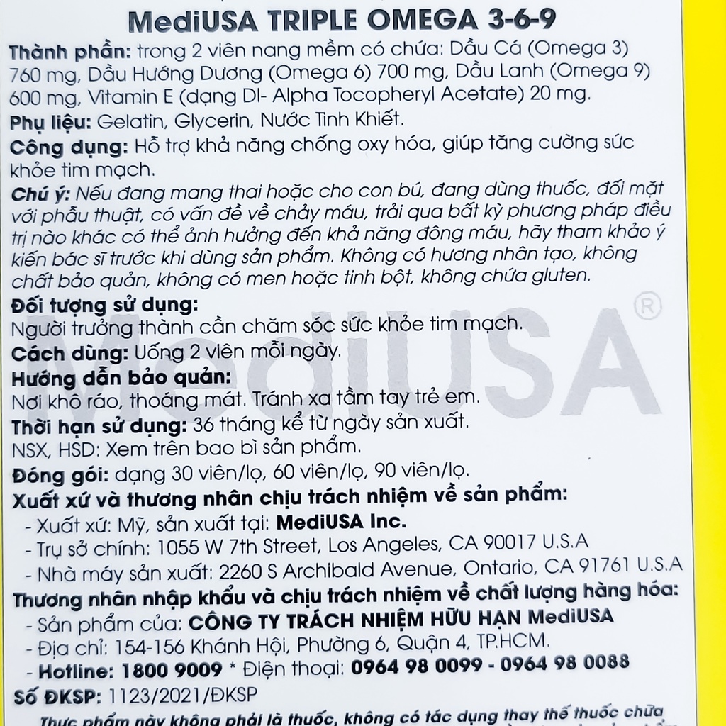 Viên uống bổ não sáng mắt MediUsa Triple Omega 3-6-9 hộp 60 viên
