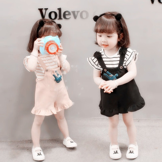 Bộ áo thun tay ngắn cổ tròn họa tiết kẻ sọc + quần yếm thời trang mùa hè cho bé gái