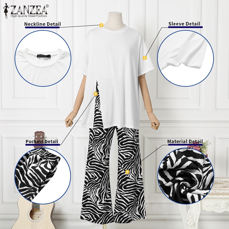 Set đồ 2 mảnh Zanzea gồm áo thun tay ngắn cổ tròn kèm quần dài lưng thun thời trang cá tính cho nữ