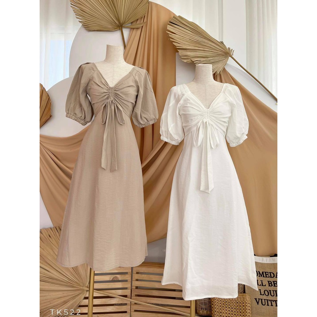 [HÀNG THIẾT KẾ CAO CẤP] Đầm Xòe Tay Phồng Chất Linen Nhún Ngực Vintage Màu Trắng