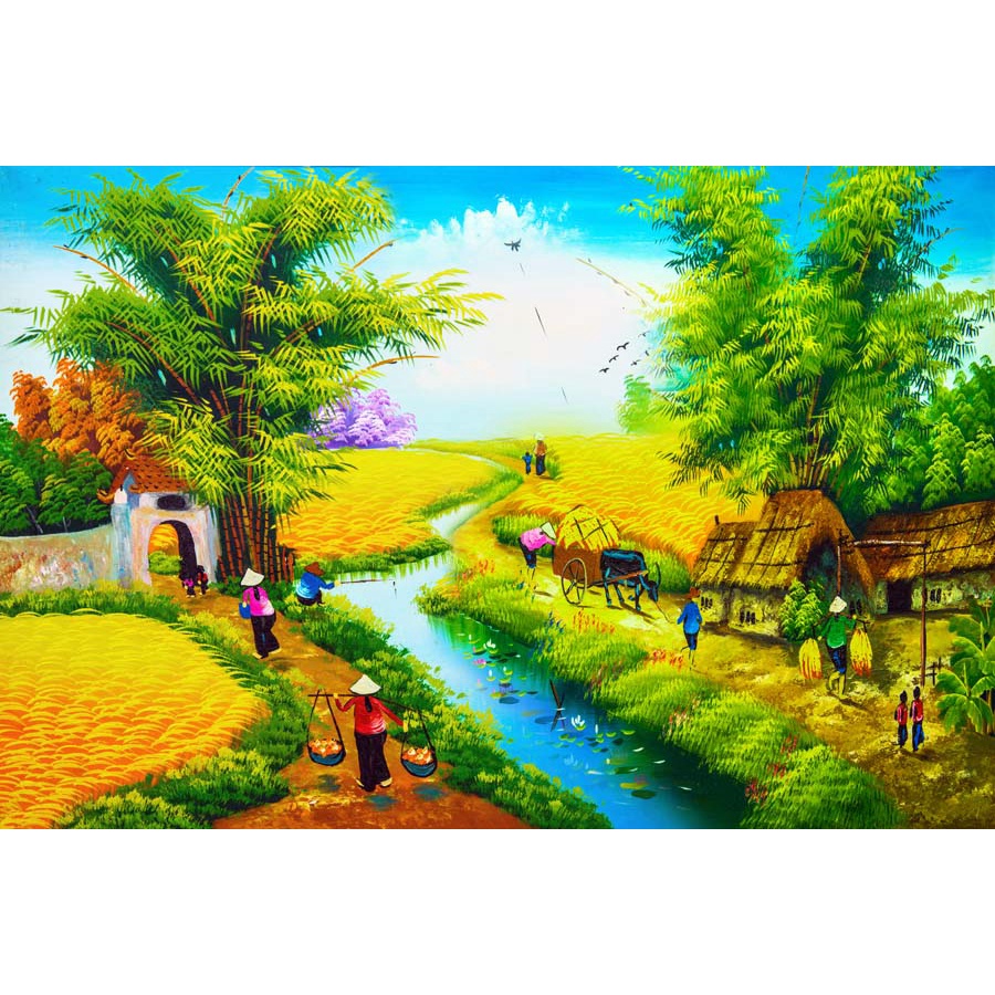 Tranh Làng Quê Việt Nam Thời Xa Xưa nhiều kích thước, làm theo yêu cầu, không giời hạn kích thước