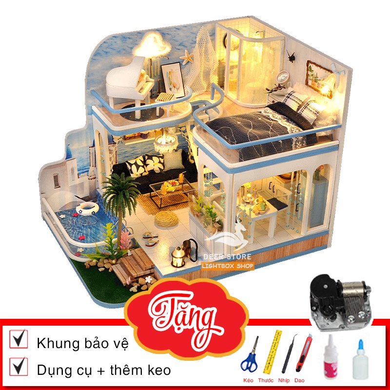 Mô hình nhà búp bê Tự làm bằng gỗ Diy | Tặng Dụng cụ + Keo dán + Cót nhạc KHUNG MICA [Nhà có nội thất &amp; đèn LED] |TD42