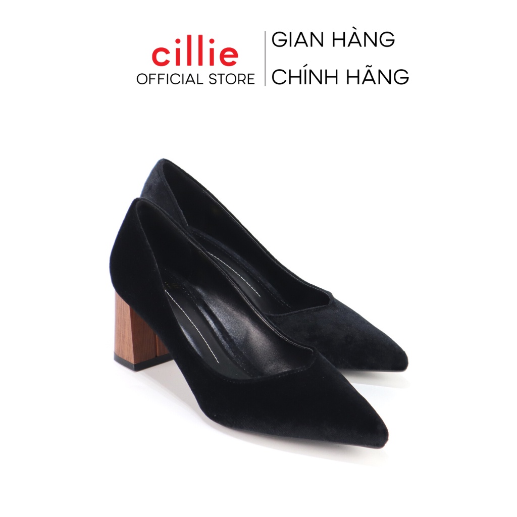 Giày cao gót nữ mũi nhọn thanh lịch phối nhung sang trọng gót trụ vân gỗ cao 7cm Cillie 1109