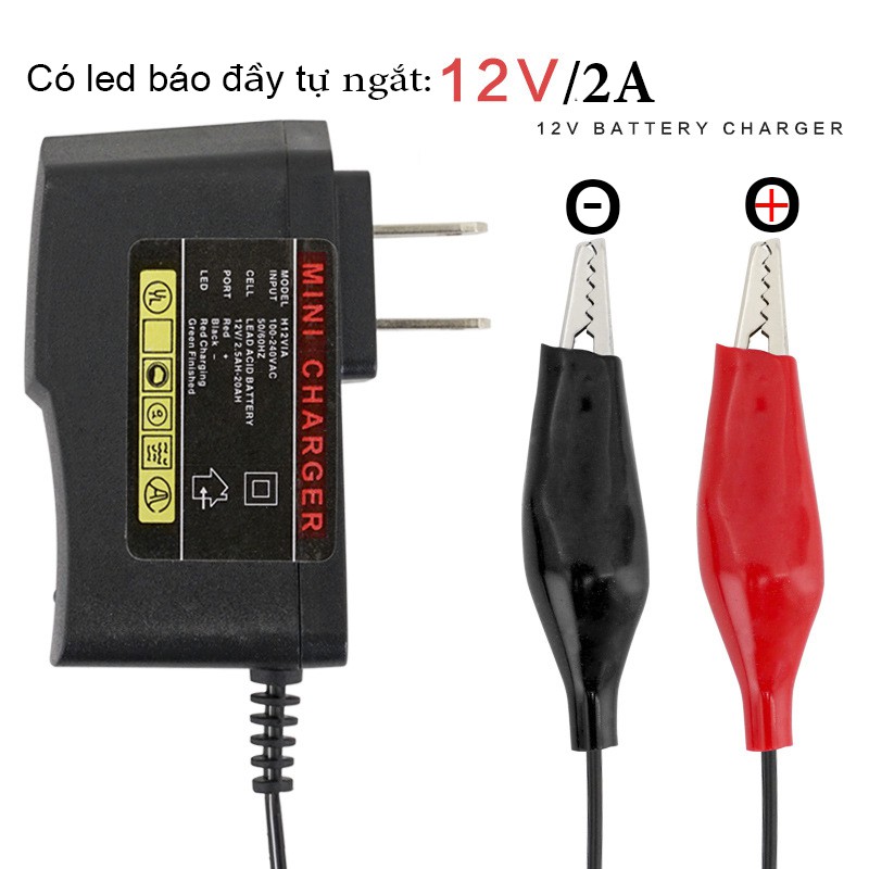 Sạc đa năng đầu kẹp cá sấu 12V2A Có led Báo tự động ngắt khi đầy