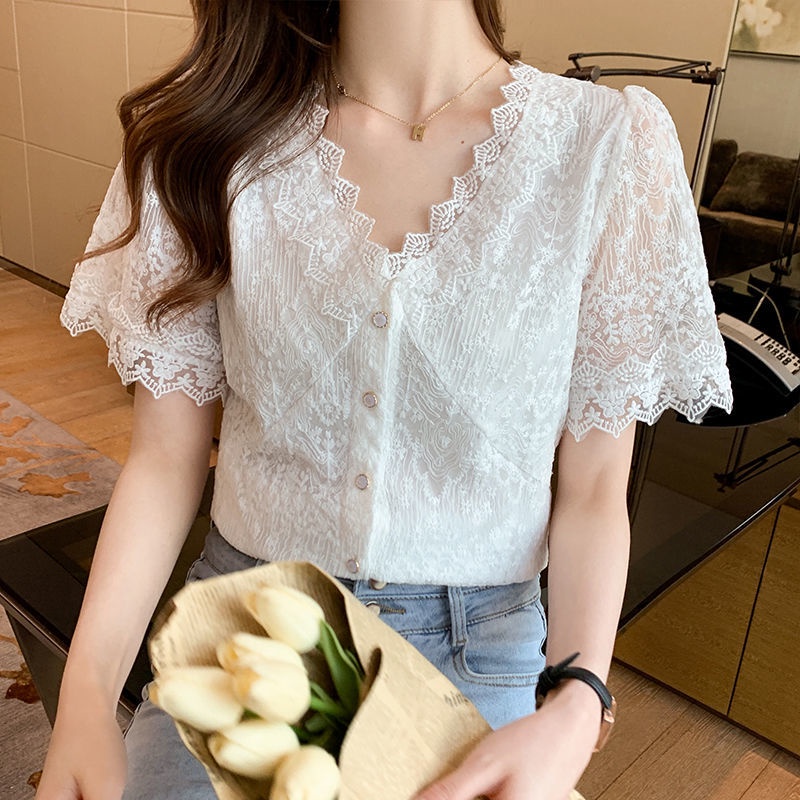 Áo Sơ Mi chiffon Ngắn Tay Phối Ren Cổ Chữ V Thiết Kế Mới Thời Trang Mùa Hè Cho Nữ