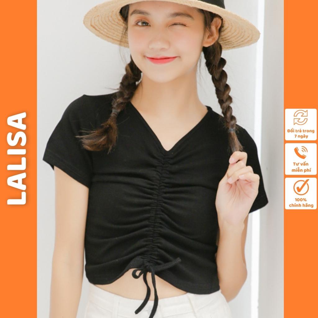 Áo Croptop Rút Dây Nữ Tay Ngắn LALISA Áo Crt Kiểu Dáng Ôm Thun Gân Co Dãn Đẹp Cá Tính Sexy Cổ Tim Màu Đen Trắng AO002