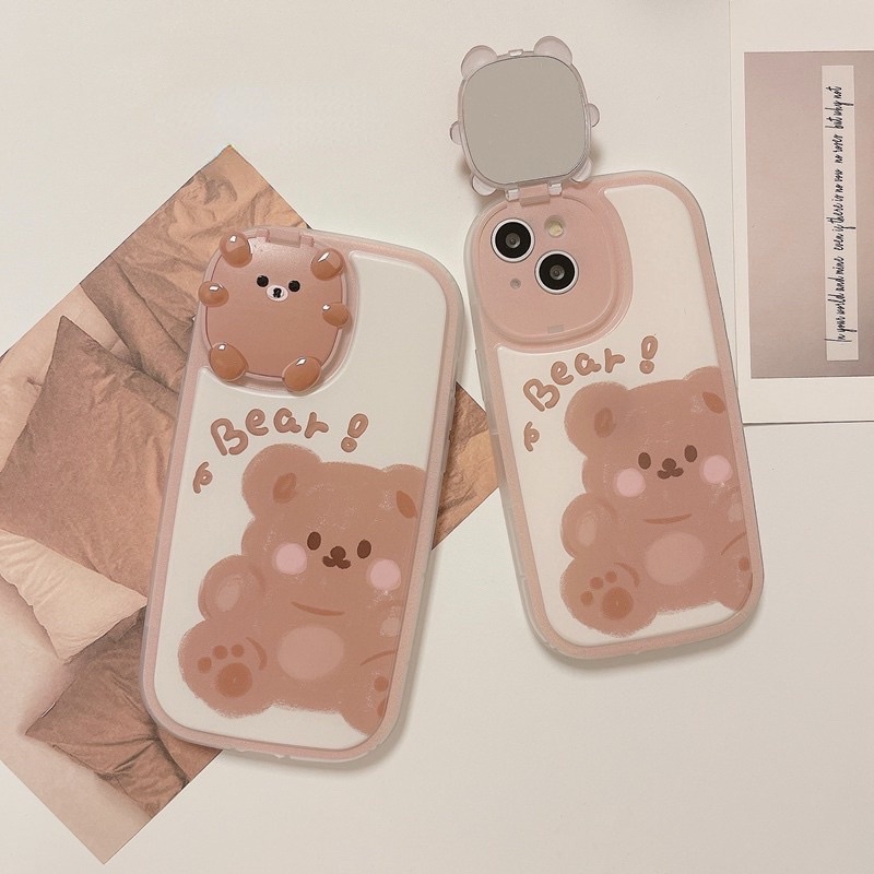 Ốp lưng iphone mềm dẻo viền bo tròn chống sốc có gương che bảo vệ camera bé gấu cute màu nâu và be