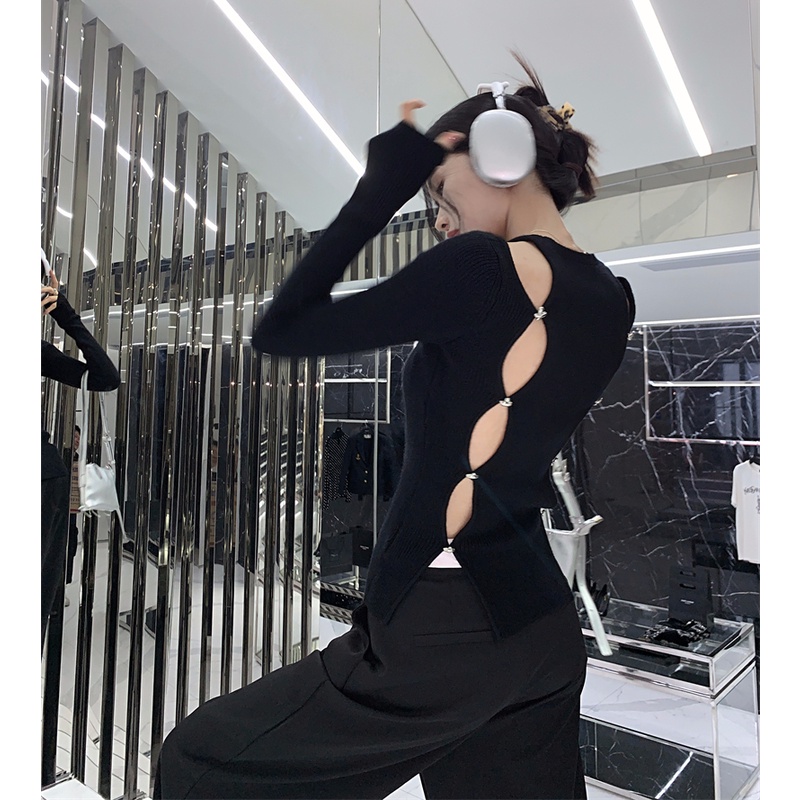 QKOOLE Áo croptop  dệt kim tay dài hở lưng phong cách Hàn Quốc thời trang