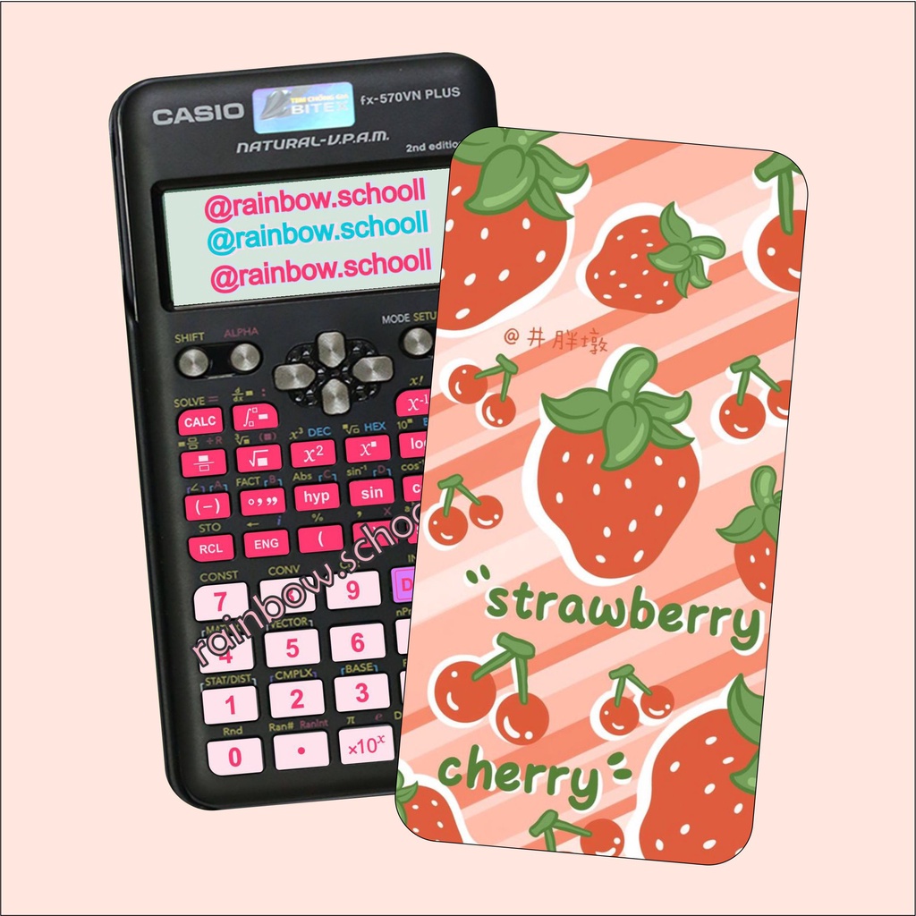 Miếng decal in theo yêu cầu dán máy tính bỏ túi cầm tay casio vinacal flexio trái dâu màu hồng