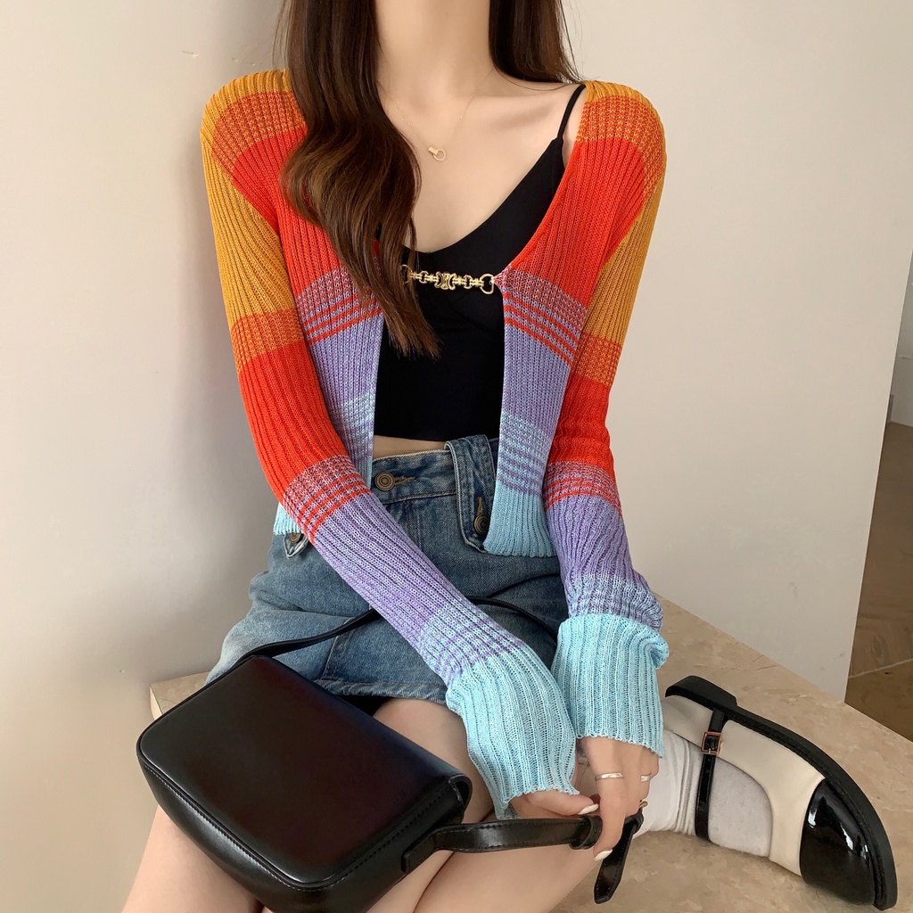 Áo Khoác Cardigan Dệt Kim Mỏng Màu Sắc Cầu Vồng Tương Phản Thời Trang Mùa Hè Cho Nữ