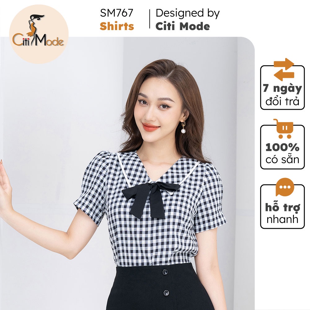 Áo sơ mi nữ caro nữ CITI MODE phối cổ bẻ phối nơ SM767