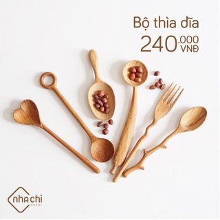 Set thìa dĩa gỗ đỏ nguyên khối 6c