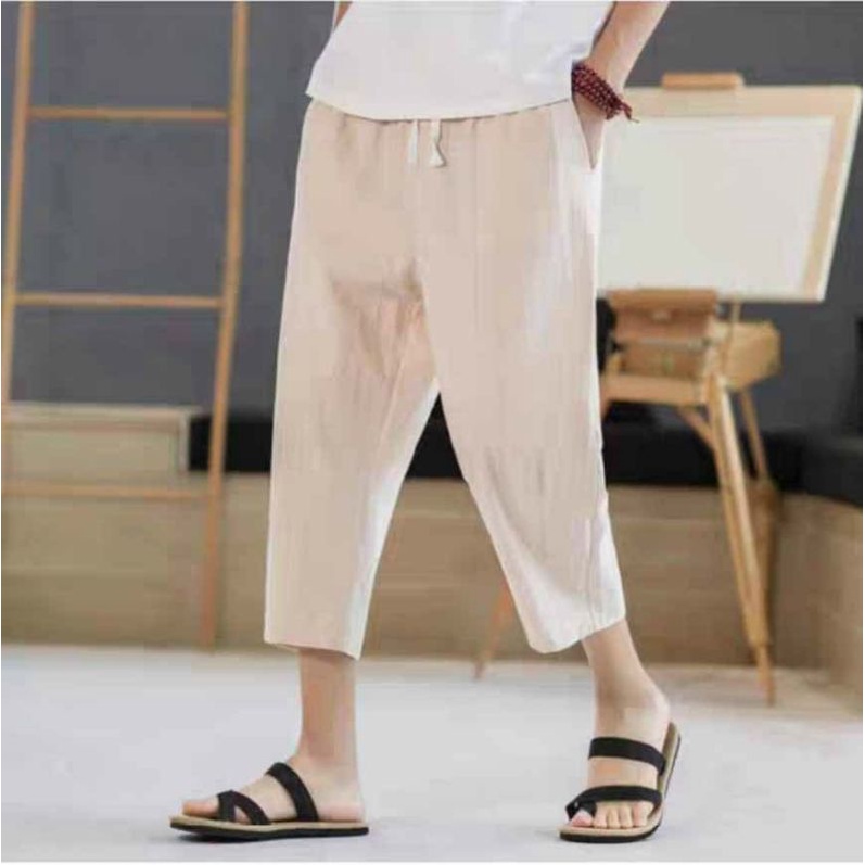 Quần dài lững qua gối unisex nam nữ chất đũi, dáng suông ống rộng lưng thun co giãn cao cấp phong cách thời trang nhật