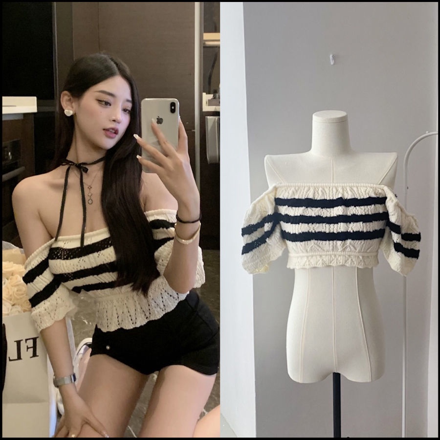 Áo Dệt Kim Trễ Vai Kẻ Sọc Gợi Cảm Cho Nữ
